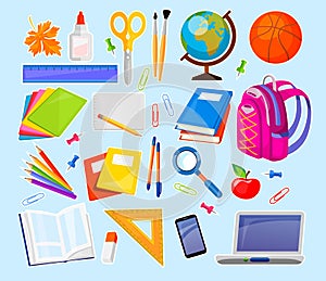 Big set of modern school supplies for children with smartphone and laptop