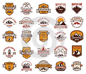 Big set of mountain hiking emblems. Design element for logo, label, sign, banner, poster.