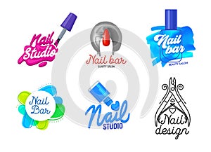 Big Set of Nail Art Studio Icons or Logo Design. Finger, Brush with Pink Polish Splash and Typography. Female Manicure