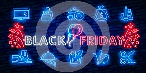 Big set neon billboard, theme Black Friday. Discount. Big sale. Cyber Monday logo, label and emblem. Neon sign, isolated sticker,