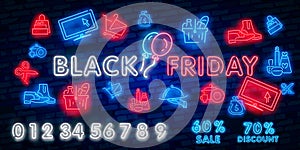 Big set neon billboard, theme Black Friday. Discount. Big sale. Cyber Monday logo, label and emblem. Neon sign, isolated sticker,