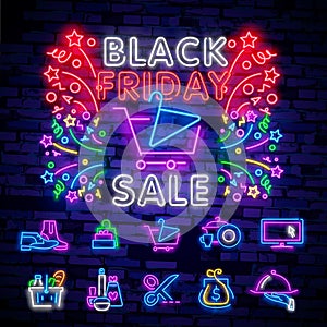 Big set neon billboard, theme Black Friday. Discount. Big sale. Cyber Monday logo, label and emblem. Neon sign, isolated sticker,