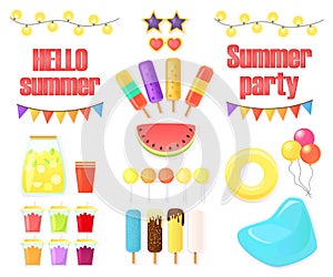 Big set of objects for summer party isolated on white background.
