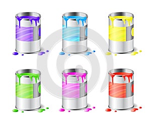 Big set of open metal paint cans with color paint and drops isolated on white