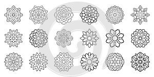 Big set of ornamental round dotted flowers isolated on white background.