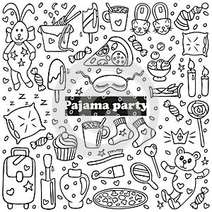 Big set of pajama party icons. Sleepover or slumber party objects in doodle style. Isolated on white background. For banners,