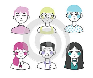 Big set of people avatars for social media, website. Doodle portraits fashionable girls and guys. Trendy hand drawn