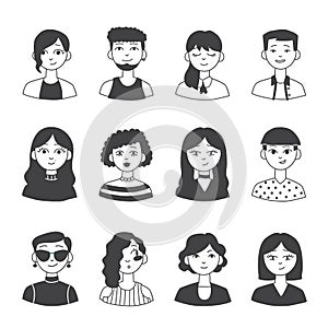 Big set of people avatars for social media, website. Doodle portraits fashionable girls and guys. Trendy hand drawn