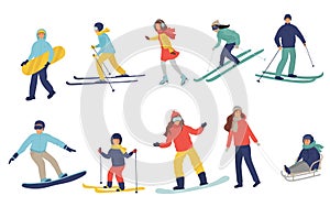 big set of people children dressed in winter clothing ice skates, snowboarding skiing. Male female cartoon ski snowboard