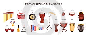 Big set of percussion instruments with names of each flat style