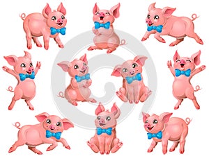 Big set pink pigs with blue bow