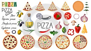 Big set pizza. Traditional different ingredients. Logo pizza. Italian whole pizza with slices: Margarita, seafood, vegetarian,