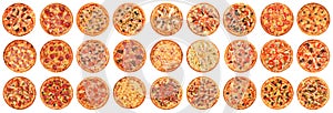 Big set of pizzas isolated on white background. Top view