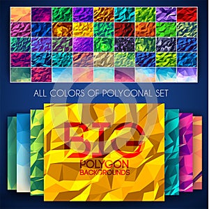 Big set of polygonal colorful backgrounds. Geometric art concept, technology, nature, colors, motifs, elements. Vector