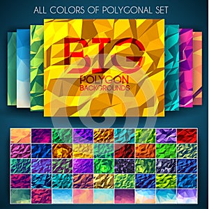 Big set of polygonal colorful backgrounds. Geometric art concept, technology, nature, colors, motifs, elements. Vector