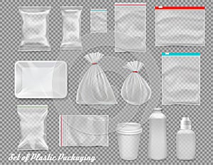 Big set of polypropylene plastic packaging - sacks, tray, cup on transparent background.