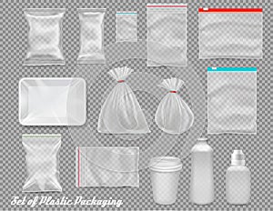 Big set of polypropylene plastic packaging - sacks, tray, cup on transparent background. photo
