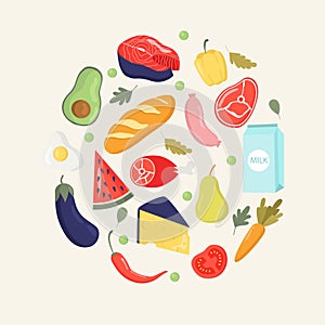 Big set of products.The concept of a flat vector illustration of healthy food safety