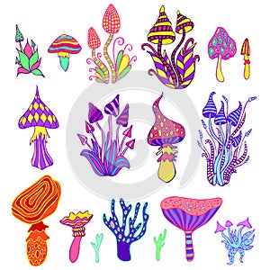 Big set psychedelic artistic abstract trippy mushrooms, white background. Colorful hallucinogenic fantasy mushrooms
