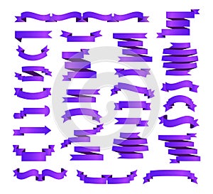 Big set of purple ribbons are shown. Colorful labels, price tags, banners for bookmark, vintage ribbon