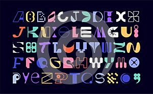 Big set of random letter figures. English alphabet from geometric capital letters of eclectic shapes