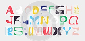 Big set of random letter figures. English alphabet from geometric capital letters of eclectic shapes