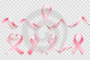 Big set of realistic pink ribbon isolated over white background. Symbol of breast cancer awareness month in october