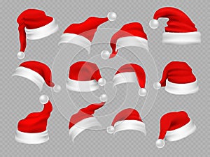 Big set of realistic Santa Hats isolated on transparent background photo