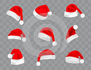 Big set of realistic Santa Hats isolated on transparent background. Vector santa claus hat colllection