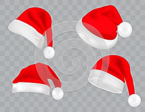 Big set of realistic Santa Hats isolated on transparent background. Vector santa claus hat colllection