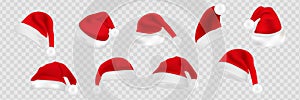 Big set of realistic Santa Hats isolated on transparent background. Vector santa claus hat colllection, holiday cap to