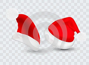 Big set of realistic Santa Hats isolated on transparent background. Vector santa claus hat colllection, holiday cap to xmas