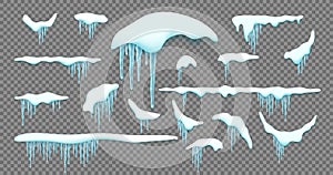 Big set of realistic snow caps, icicles, snowball and snowdrift isolated over white background.