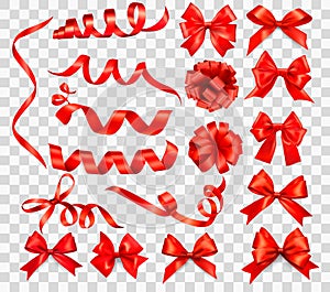 Big set of red gift bows with ribbons.