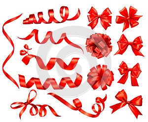 Big set of red gift bows with ribbons.