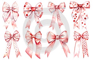 Big set of red gift bows with ribbons. Watercolor illustrations set isolated on white background