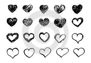 Big set of red grunge hearts. Design elements for Valentine is day. Vector illustration heart shapes. Isolated on white
