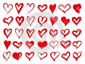 Big set of red grunge hearts. Design elements for Valentines day. Vector illustration heart shapes. Isolated on white