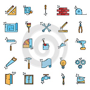 Big set of renovation house 25 icon, concept repair build tool stuff, instrument toolkit line art flat vector illustration,