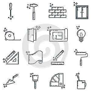 Big set of repair design house 16 icon, concept renovation tool stuff instrument toolkit line art flat vector illustration,