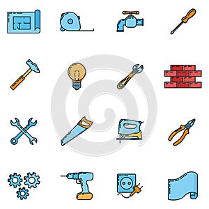 Big set of repair house 16 icon, concept renovation tool stuff instrument toolkit line art flat vector illustration, isolated on