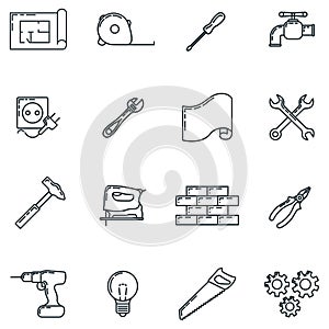 Big set of repair house 16 icon, concept renovation tool stuff instrument toolkit line art flat vector illustration, isolated on