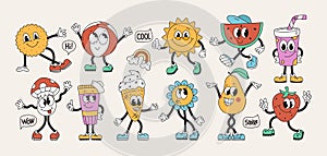 Big set of retro groovy characters. Funny vintage mascot, vector elements, objects, fruit, speech bubble. Cartoon