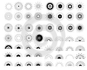 Big set of Retro Sun burst shapes. Vintage logo, labels, badges.