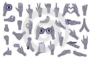 Big set Robot hands gestures. Robotic arm point, hold and handshake, Signs, expressions with pointing fingers, clenched