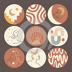 Big set of round icons for social media stories. Abstract various vector highlight covers with doodle objects, woman face, space