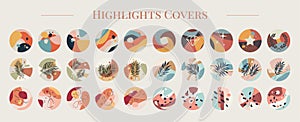 Big set of round social media highlight covers, various vector abstract and floral icons, Ñolorful background templates with