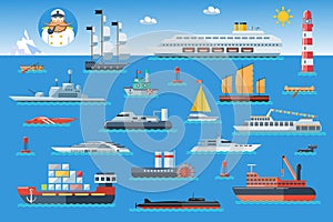 Big set of sea ships. Water carriage and maritime transport in flat design style. Vector illustration.