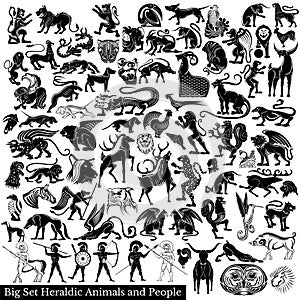 Big set of silhouettes of animals birds and wariors. Heraldic elements