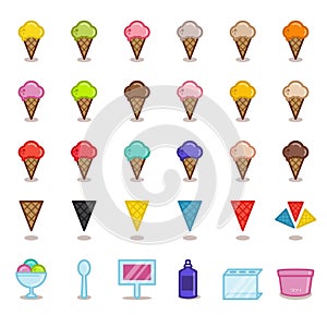 Big set of simple outline icons for gelato cafe. Isolated on white background. Different flavors of ice cream.